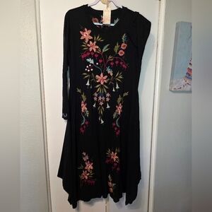 Johnny Was Black Midi Dress with Floral Embroidery